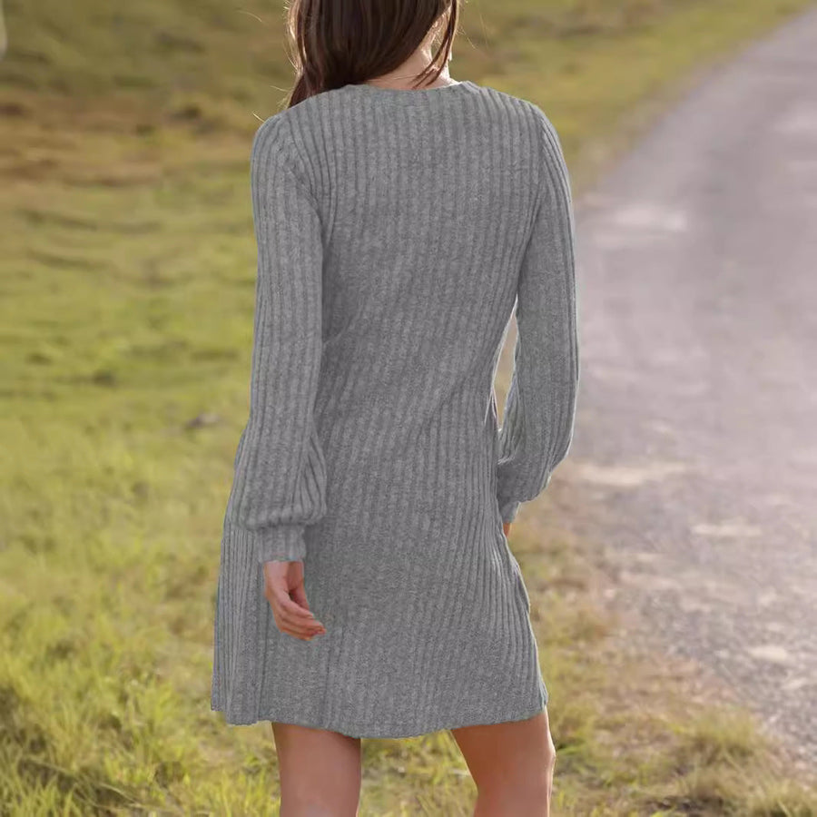 Solid Color V-Neck Long Sleeve Mid-Length Dress