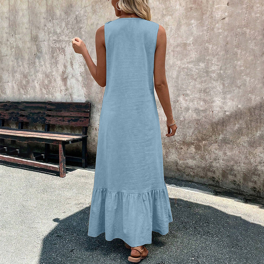 Sleeveless V-Neck Ruffle Long Casual Dress