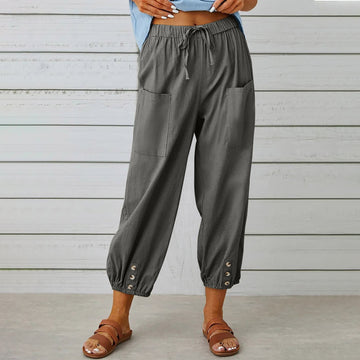 Loose High-Waist Buttoned Cotton Linen Wide-Leg Pants