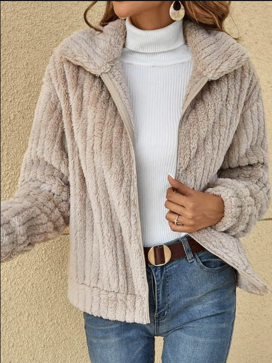 Boutique Plush Collar Zip Front Jacket