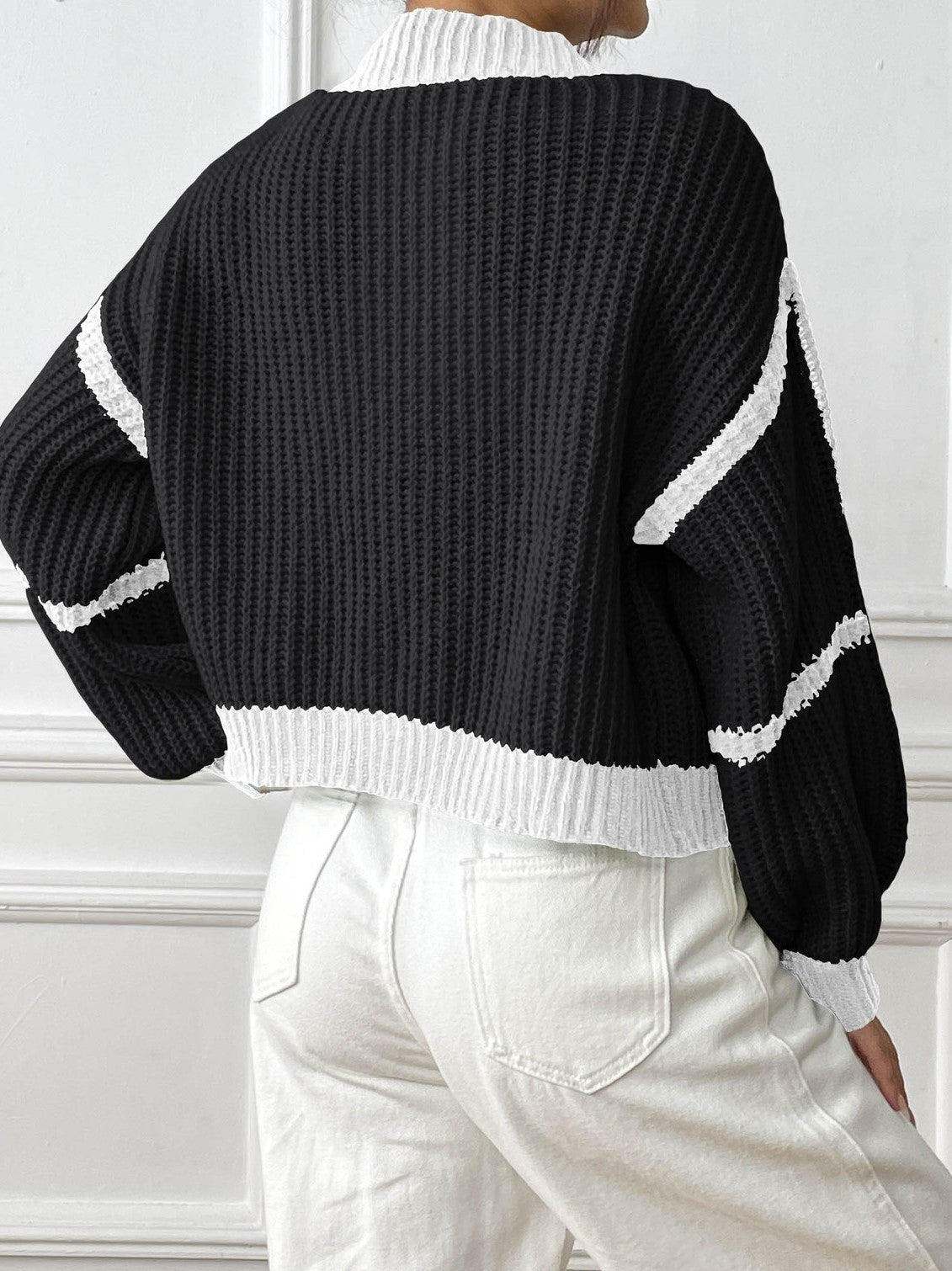 Contrast Edged Open Front Knit Cardigan with Balloon Sleeves