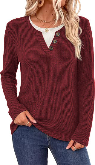 Women's Boutique Ribbed Henley Top with Contrast Neck Insert