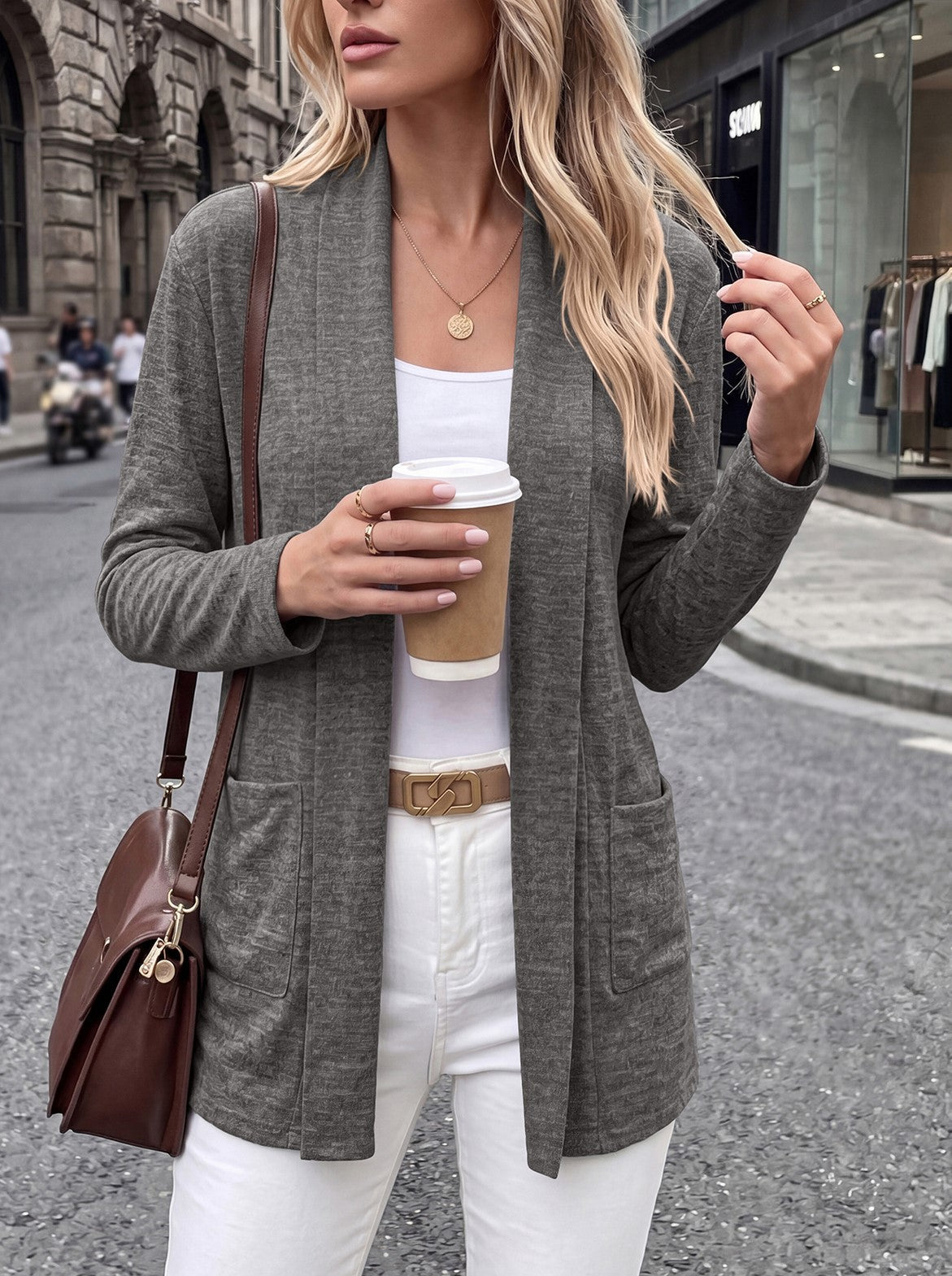 Women's Minimalist Open Front Longline Pocket Cardigan