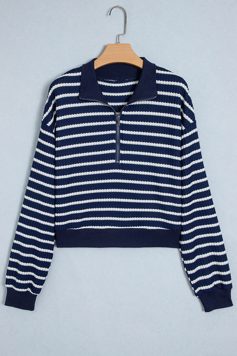 Navy Striped Half Zip Sweatshirt, Textured Long Sleeve Pullover Tops