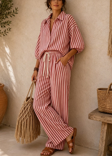 Women’s Striped Shirt and Wide Leg Pants Set