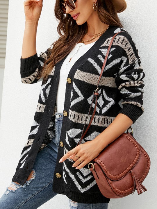 Boutique Patterned Knit Button Front Cardigan for Women