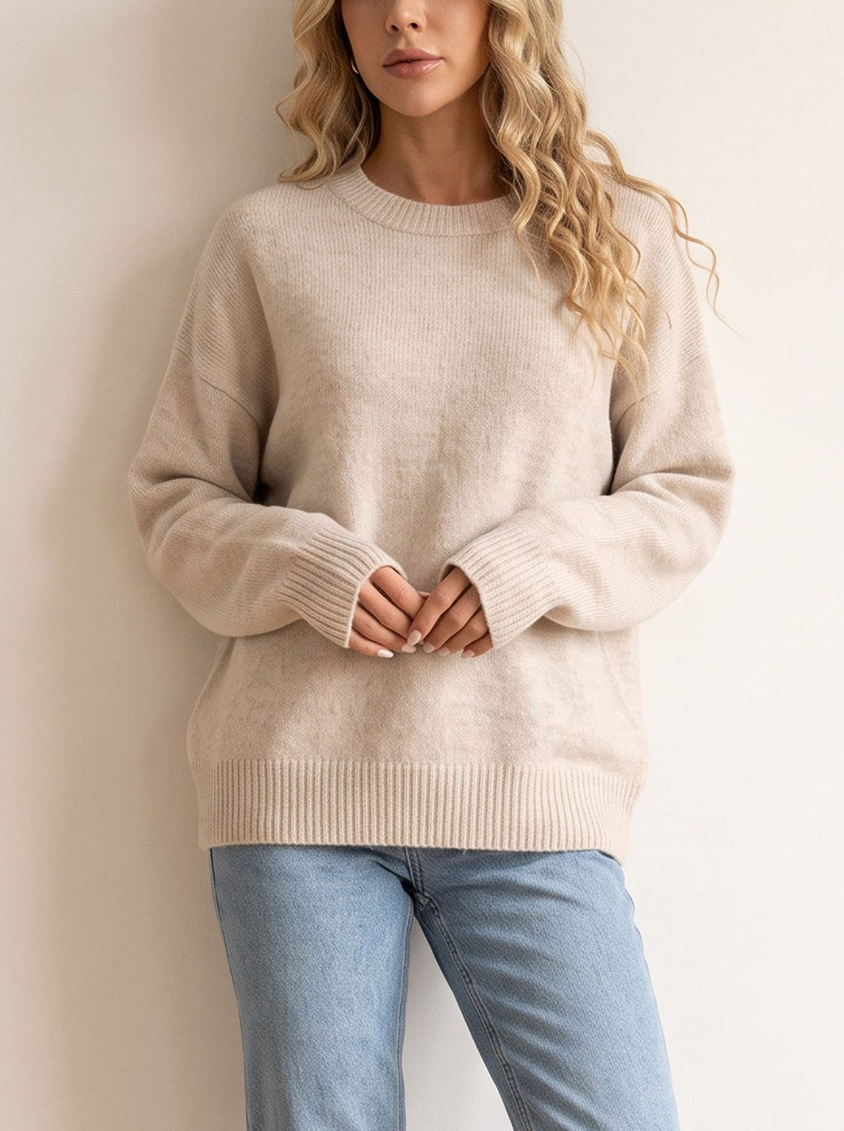 Minimalist Beige Crewneck Sweater Loose Long Sleeve Knit Top