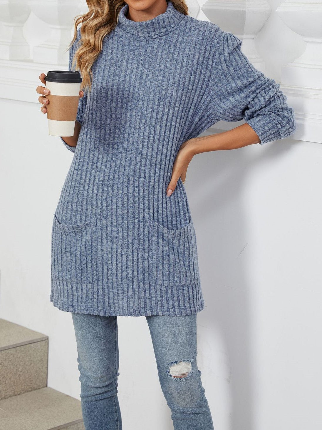 Minimalist Ribbed Mock Neck Pocket Tunic