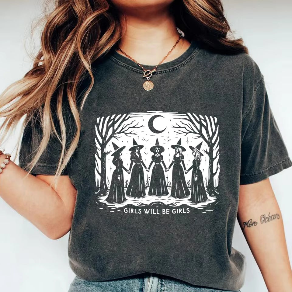 Women’s Cotton Graphic T-Shirt – Casual Short Sleeve Witch Print Tee