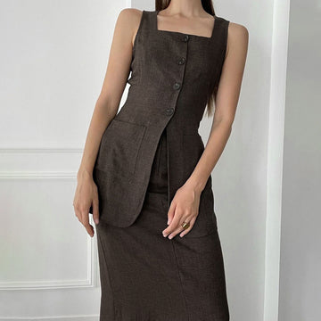 Asymmetric Button Vest & Midi Skirt Set-Office