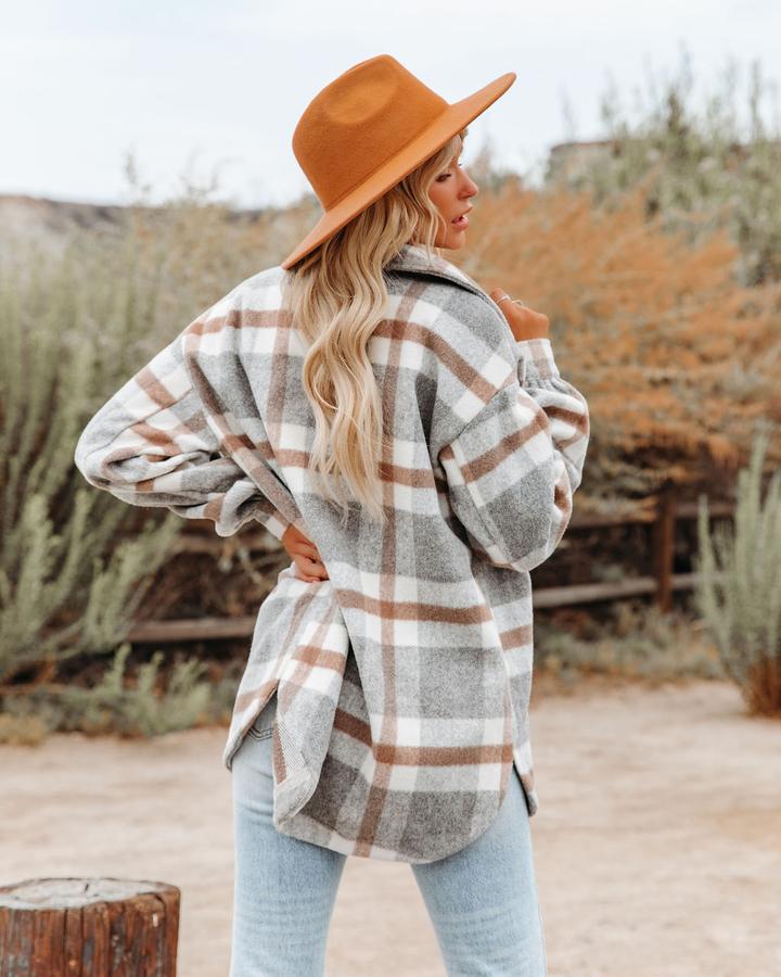 Boutique Neutral Plaid Button Front Shacket
