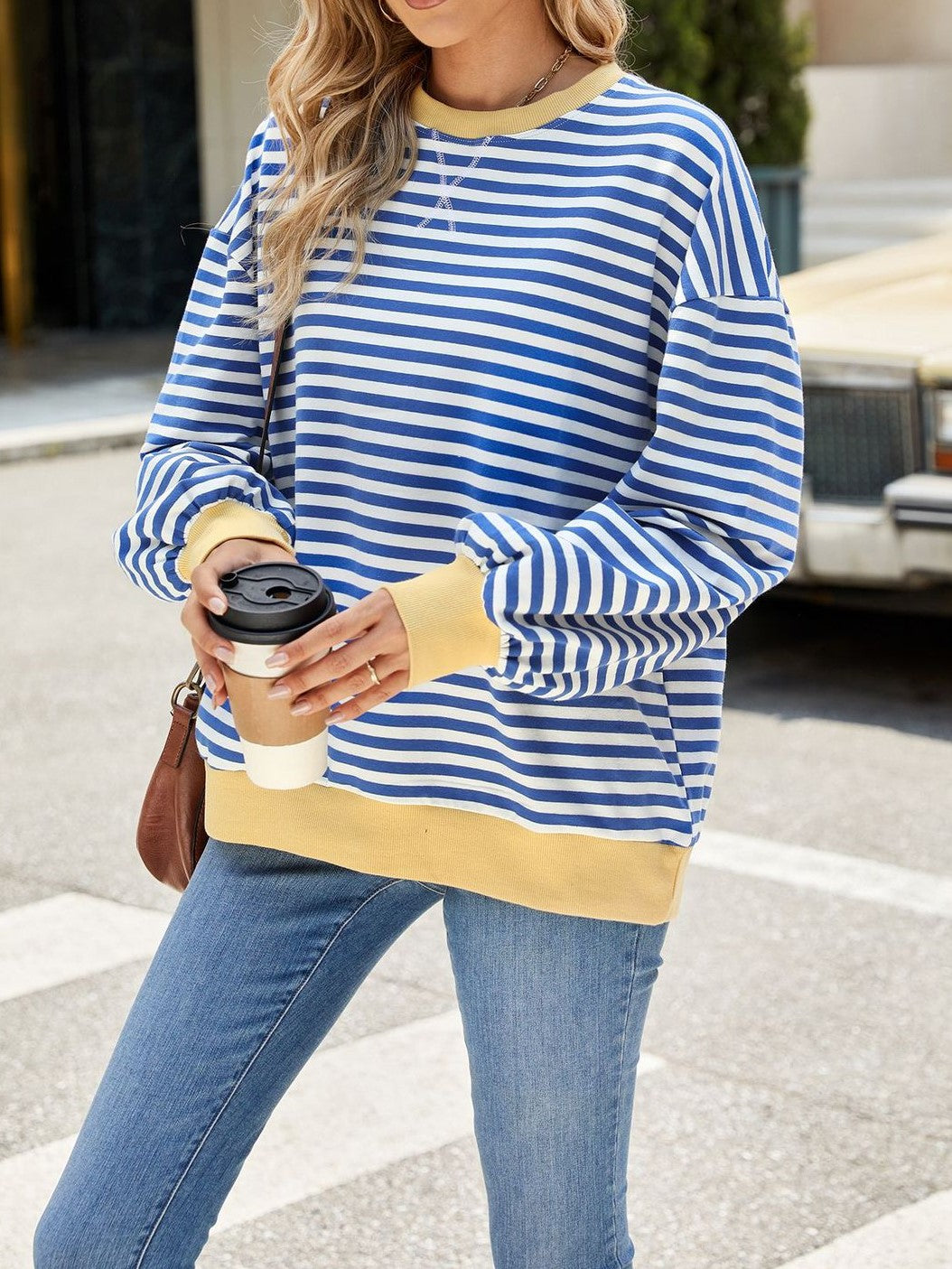 Boutique Striped Crewneck Contrast Trim Top