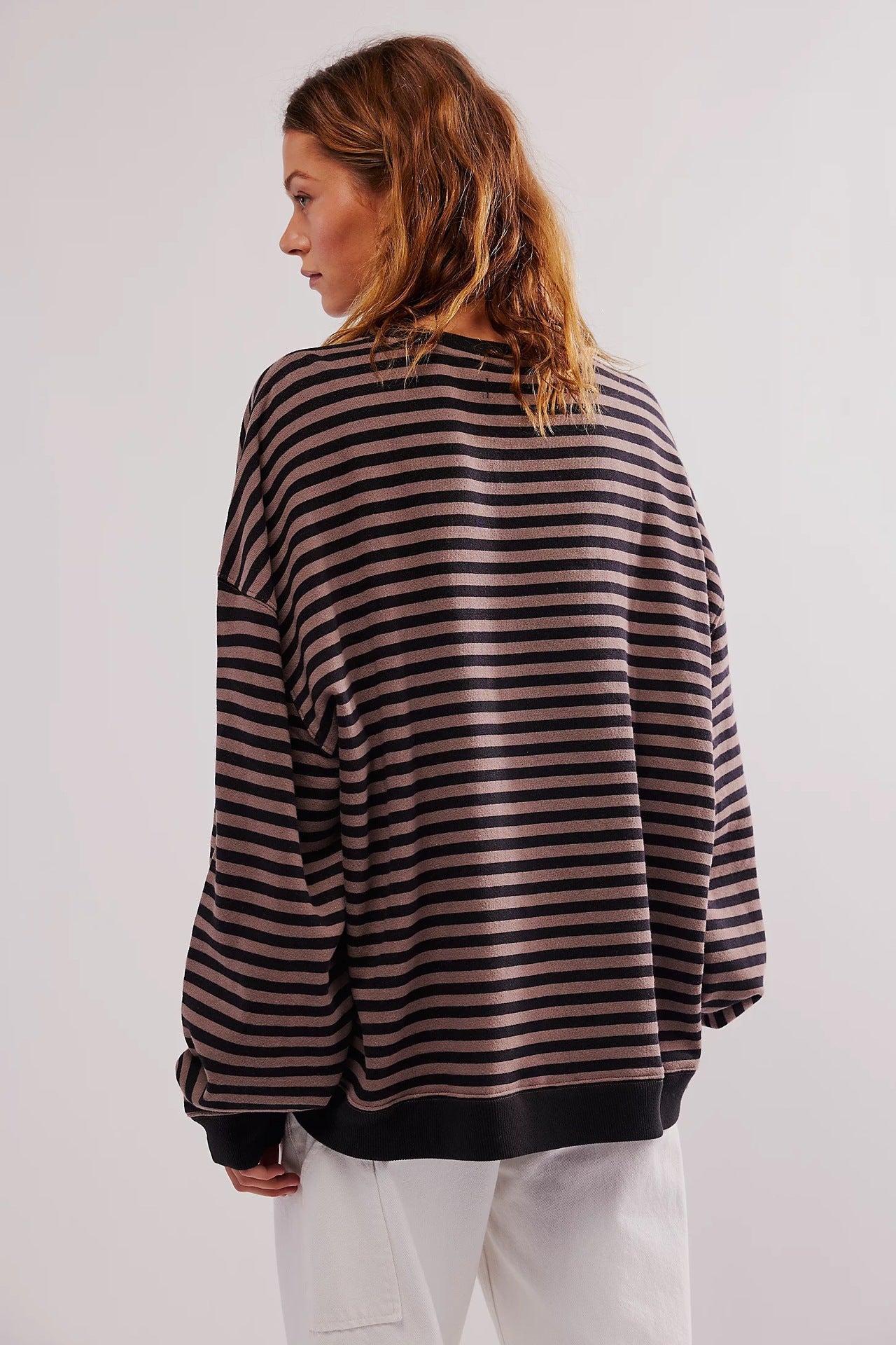 Women's Oversized Striped Crew Neck Cotton-Blend Sweatshirt