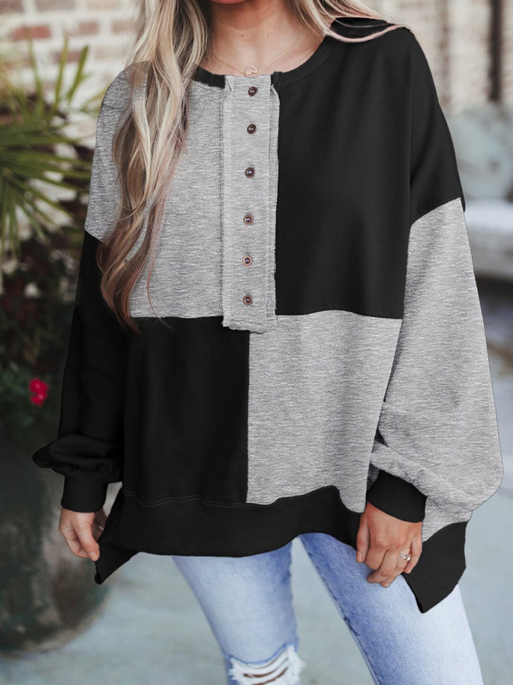 Boutique Color Block Henley Relaxed Long Sleeve Sweatshirt