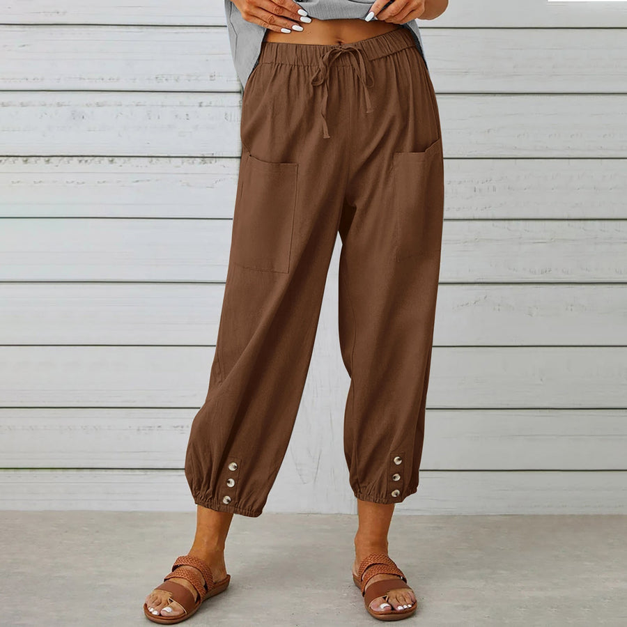 Loose High-Waist Buttoned Cotton Linen Wide-Leg Pants