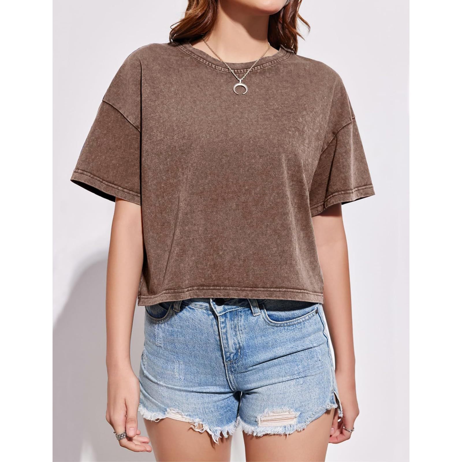 Women's Washed Cotton Crop T-Shirt, Relaxed Fit Crewneck Tee