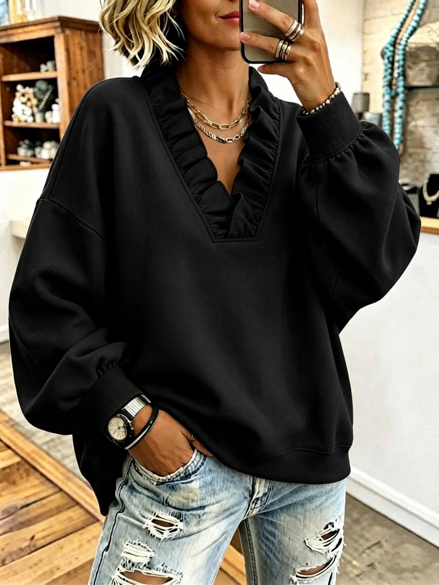Boutique Ruffle V Neck Relaxed Sweatshirt