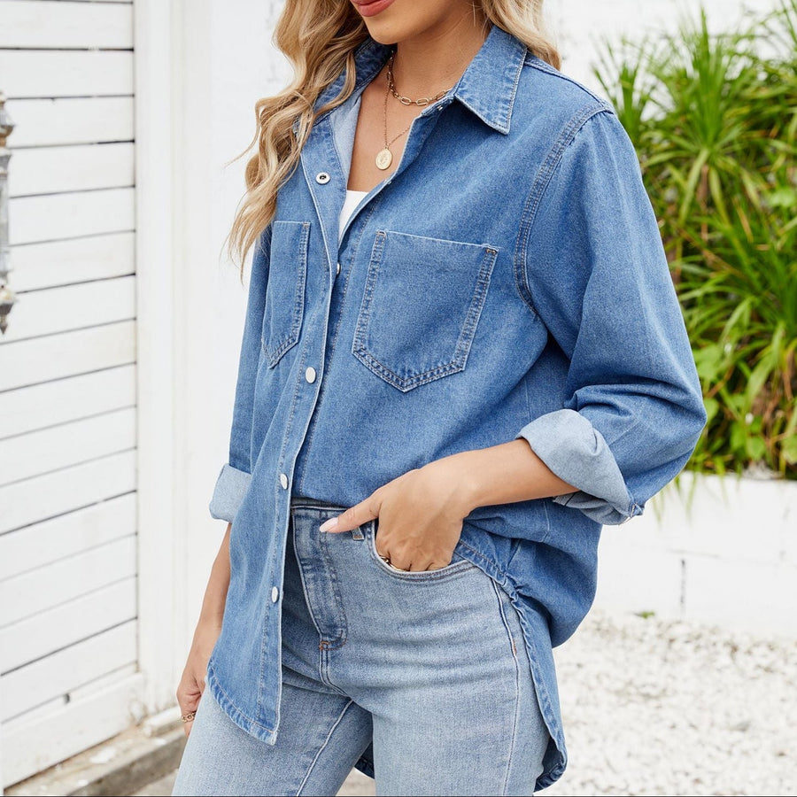 Loose Long Sleeve Denim Jacket with Button Detail