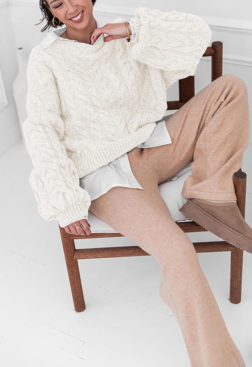 Boutique Cable Knit Crew Neck Sweater