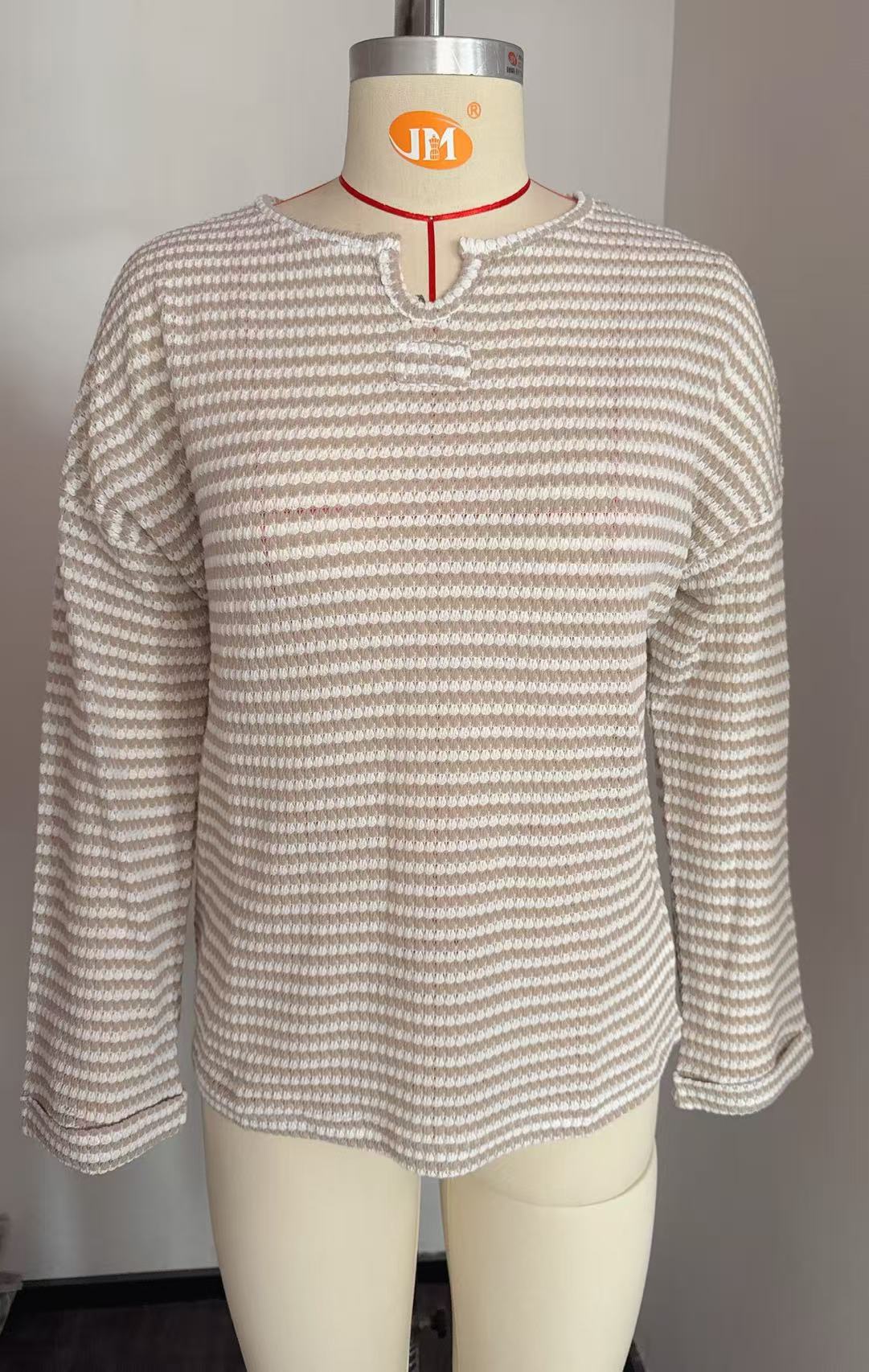 Boutique Textured Stripe Notch Neck Pullover