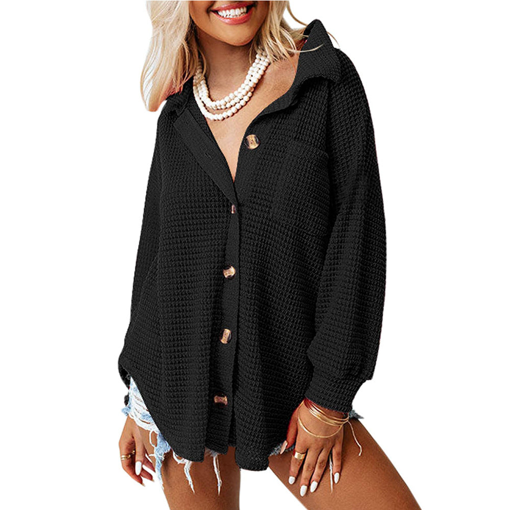 Boutique Waffle Knit Collared Button Front Shirt