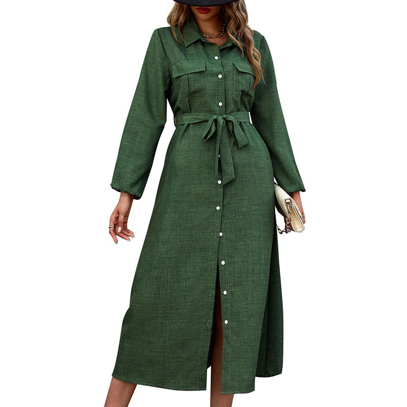 Lapel Long Sleeve Solid Color Green Dress