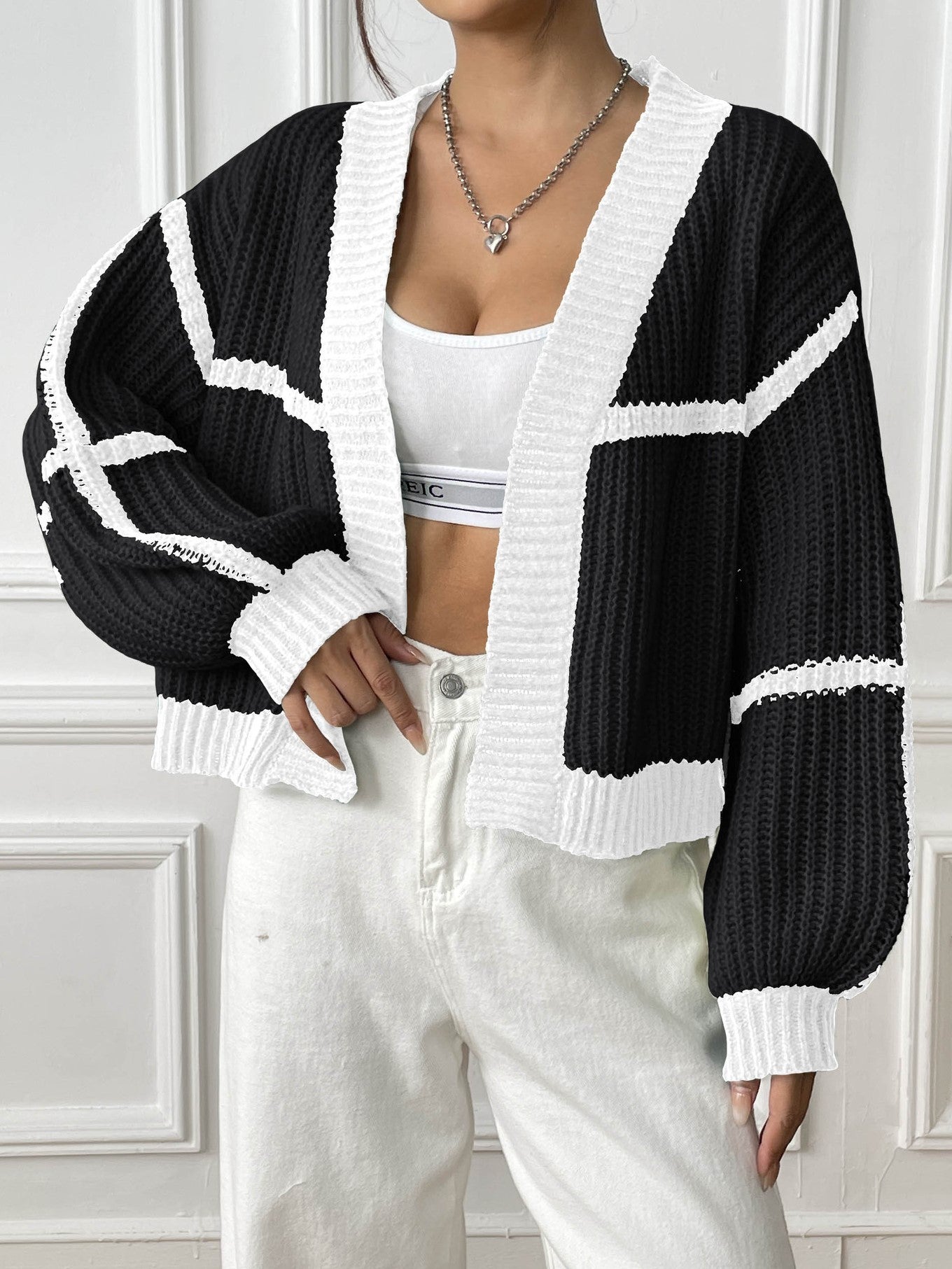 Contrast Edged Open Front Knit Cardigan with Balloon Sleeves