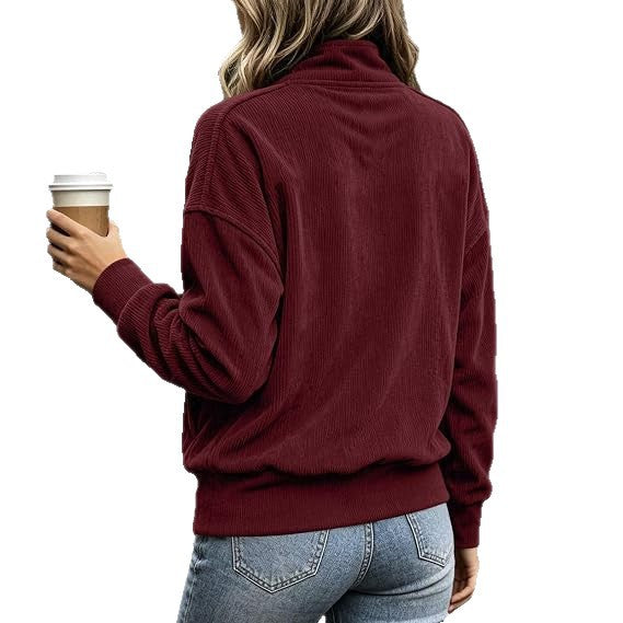 Womens Minimal Olive Ribbed Button Neck Pullover Sweatshirt