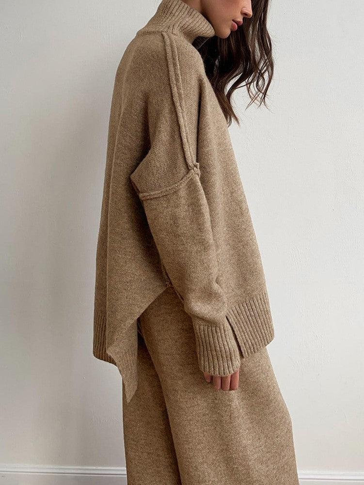 Boutique Turtleneck Sweater Wide Leg Pants Two Piece Knit Set