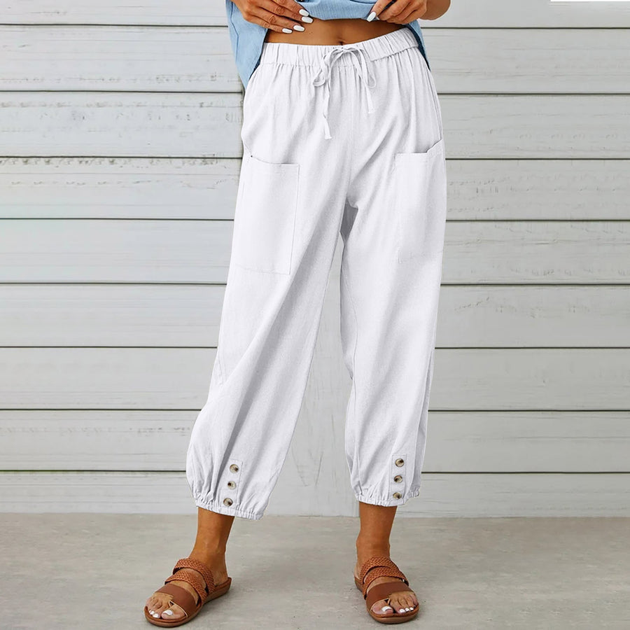 Loose High-Waist Buttoned Cotton Linen Wide-Leg Pants