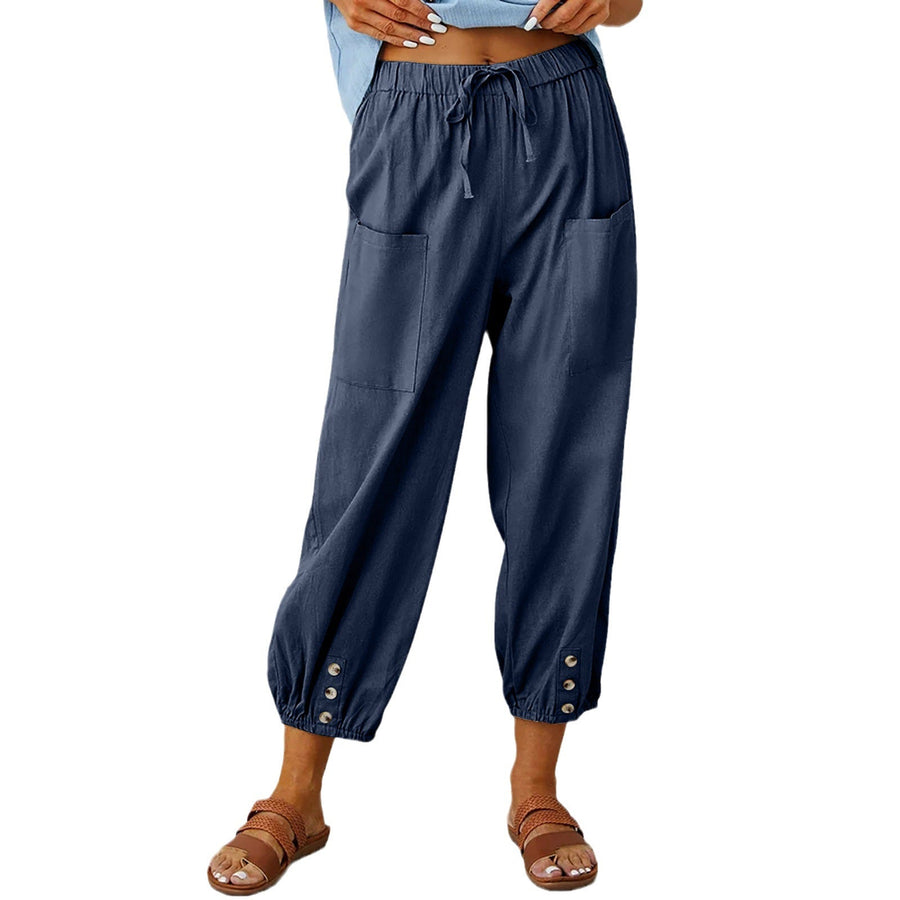 Loose High-Waist Buttoned Cotton Linen Wide-Leg Pants