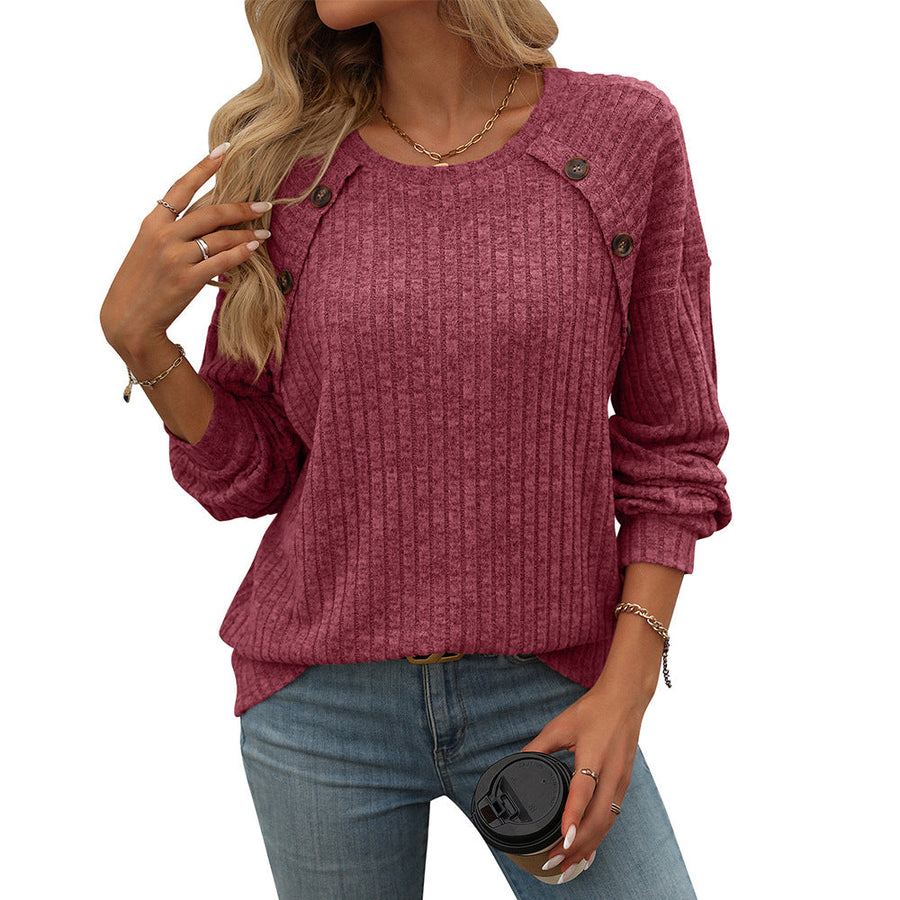 Round Neck Ribbed Solid Color Long Sleeve Top