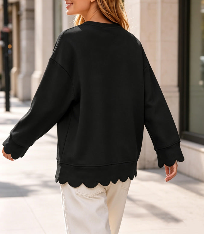 Scalloped Hem Crew Neck Long Sleeve Relaxed Sweatshirt