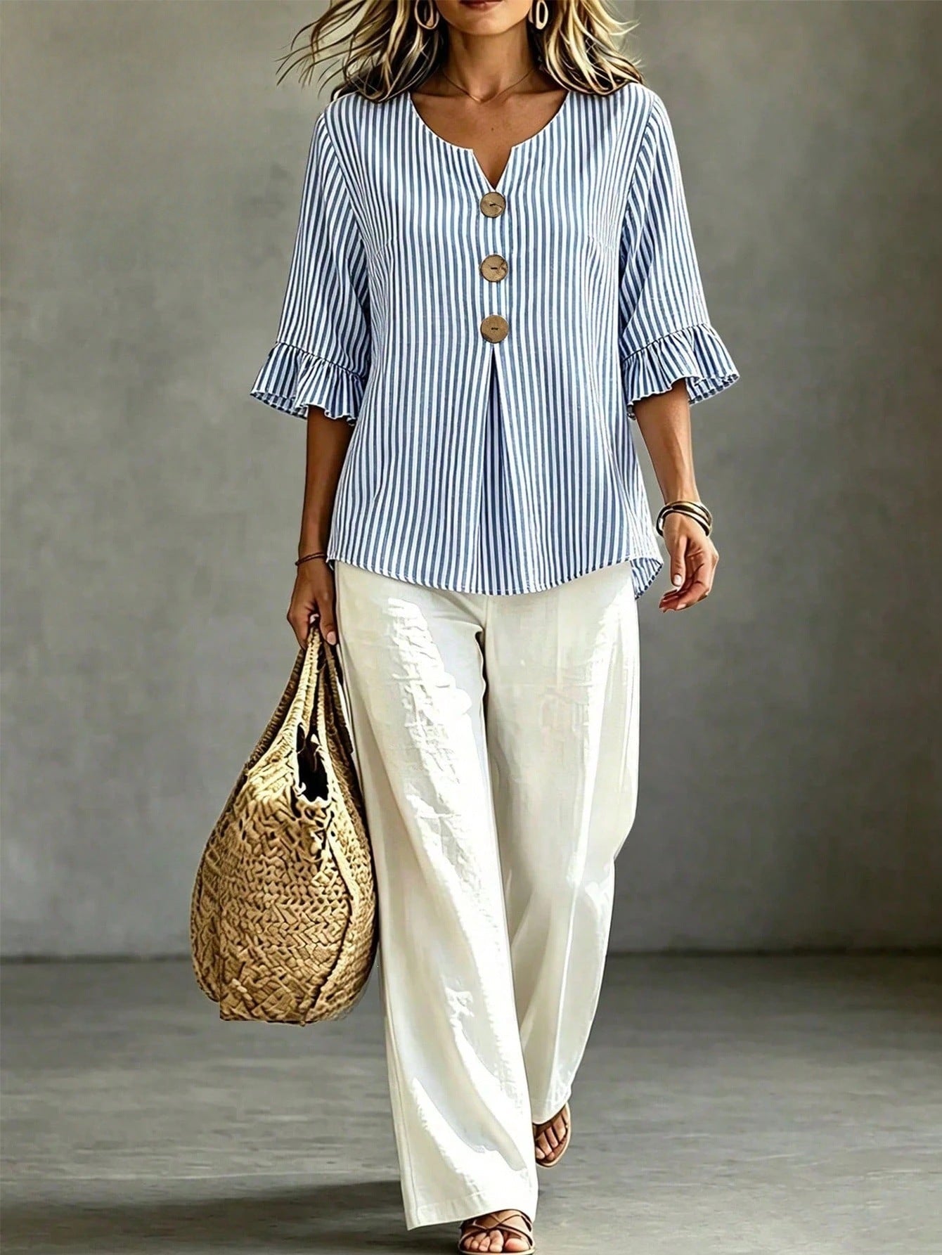 Striped Notch Neck Button Front Bell Sleeve Blouse for Women