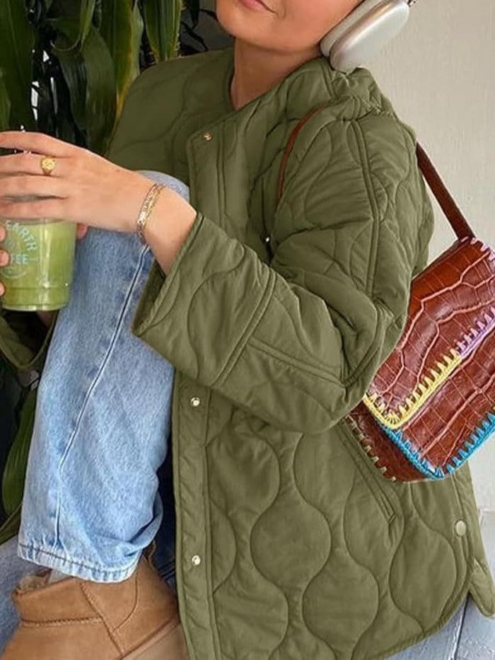 Minimalist Collarless Quilted Snap Front Jacket