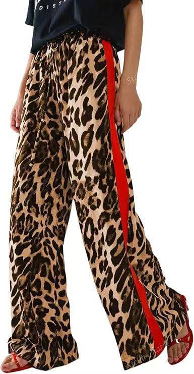Leopard Print Spliced Loose Wide-Leg Trousers