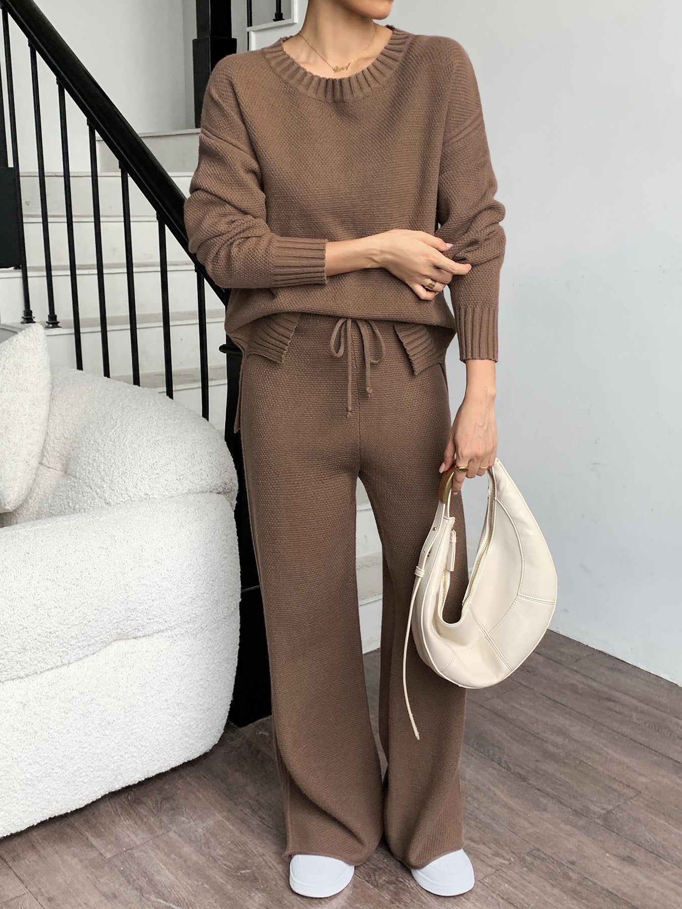 Women's Brown Knit Sweater and Drawstring Wide Leg Pants Set
