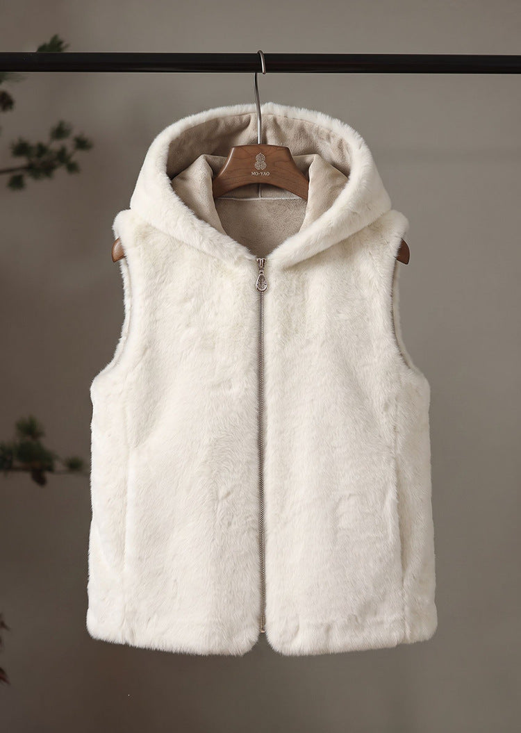 Minimalist White Hooded Faux Fur Vest Zip Front with Pockets