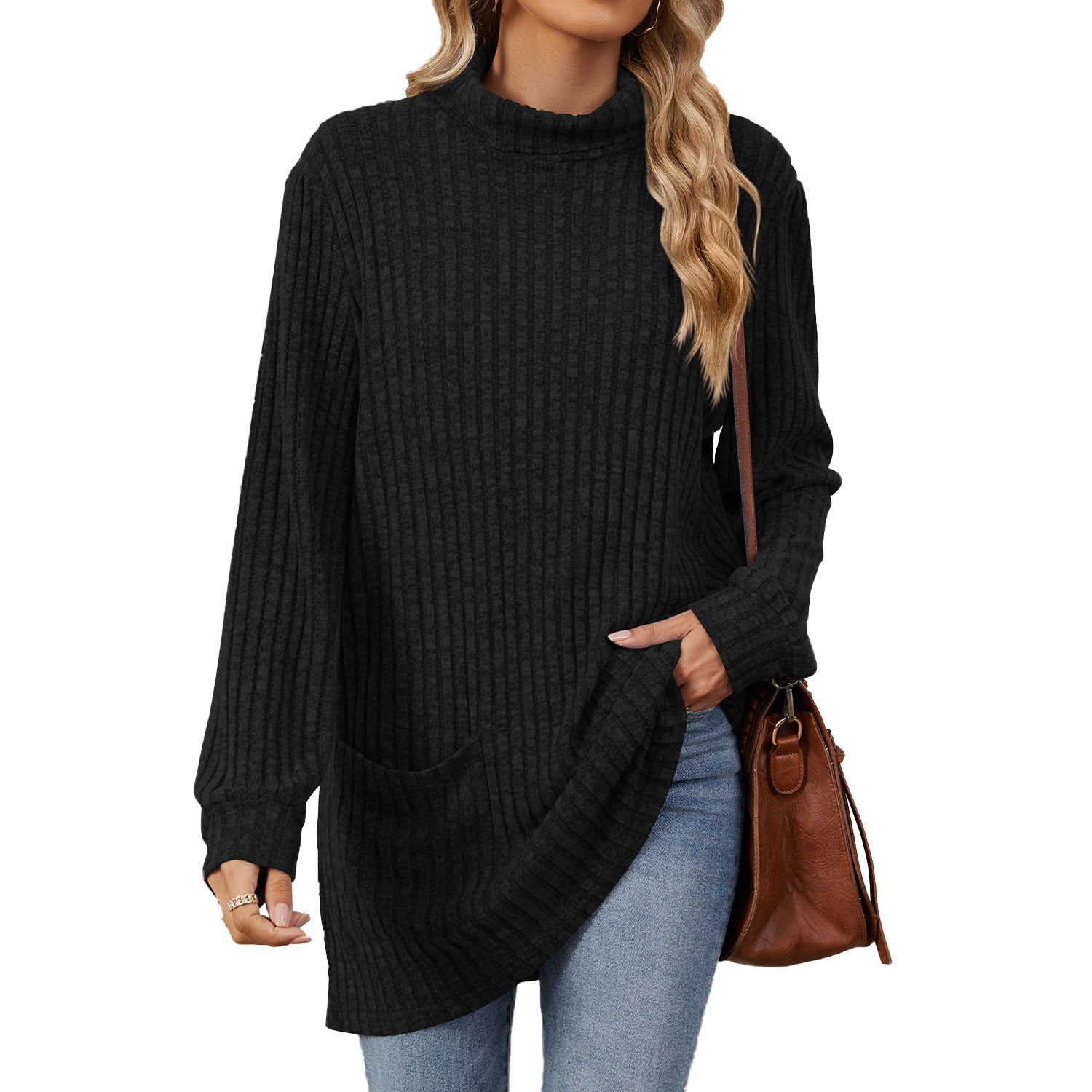 Minimalist Ribbed Mock Neck Pocket Tunic