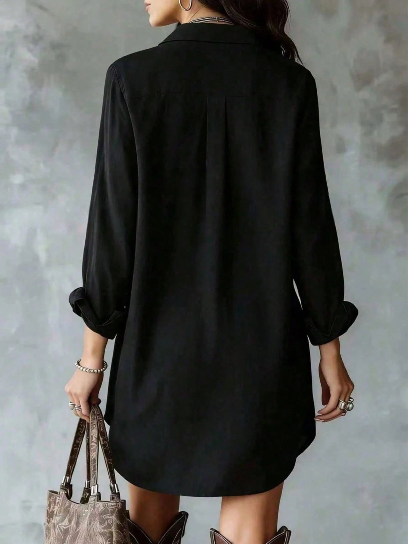 Button Front Collared High Low Shirt Dress with Dual Pockets