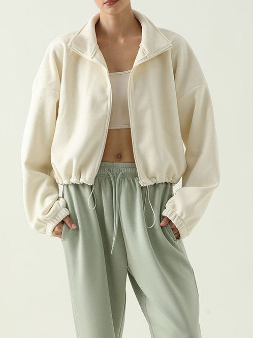 Modern Cropped Zip Front Jacket with Relaxed Balloon Sleeves