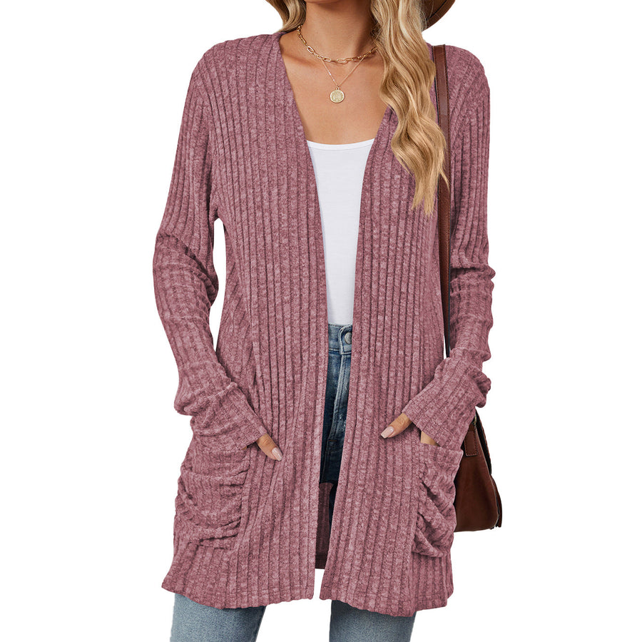 Solid Color Pocket Long-Sleeve Knitted Cardigan