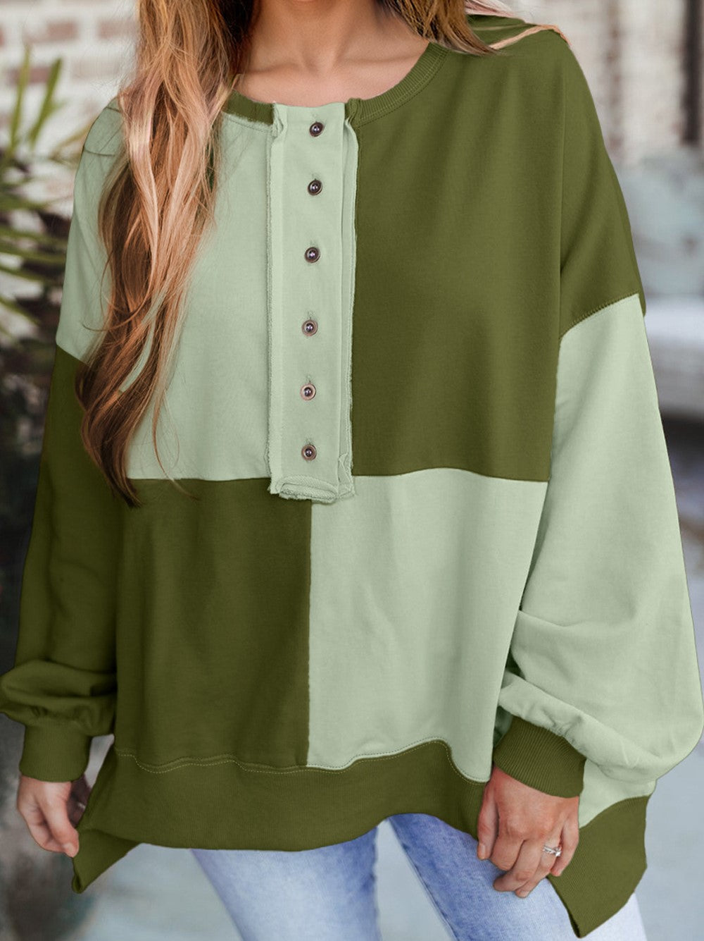 Boutique Color Block Henley Relaxed Long Sleeve Sweatshirt