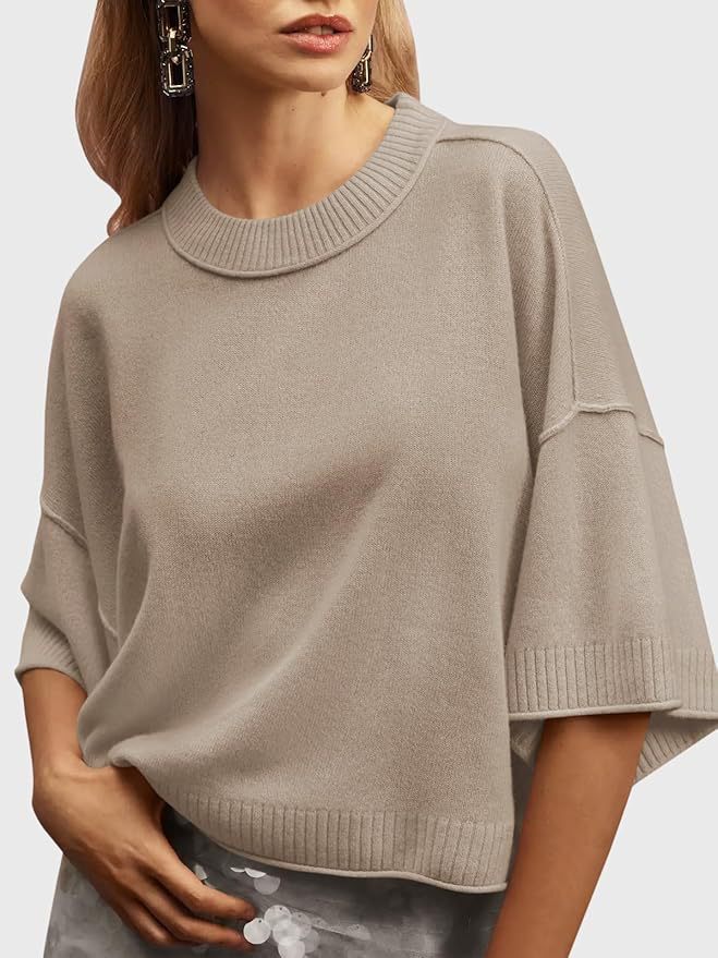 Women's Cropped Knit Sweater, Relaxed Crewneck Pullover with Wide Sleeves in Khaki, Black, Gray and White