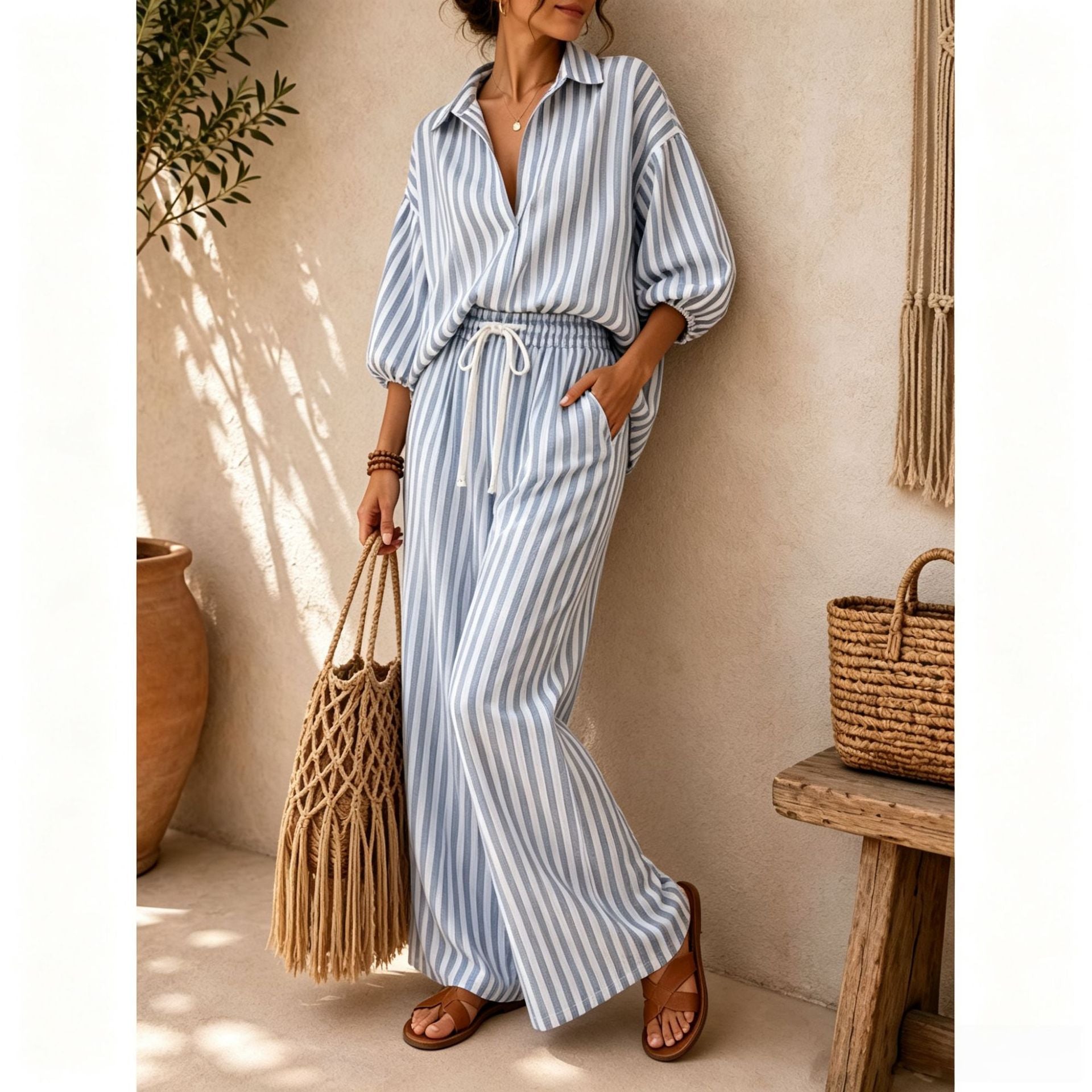 Women’s Striped Shirt and Wide Leg Pants Set