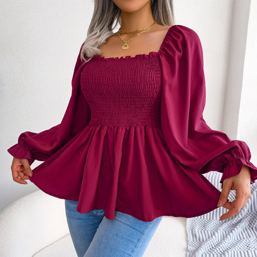 Square Neck Long Sleeve Chiffon Blouse for Women