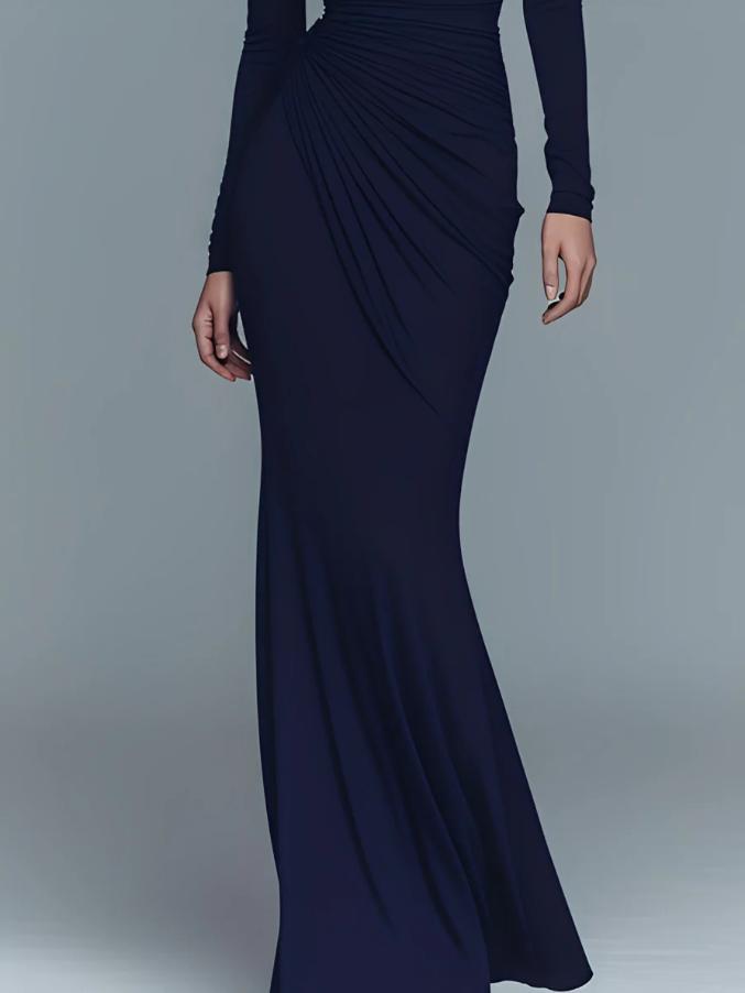 Ruched Turtleneck Long Sleeve Slim Fit Maxi Dress for Ladies