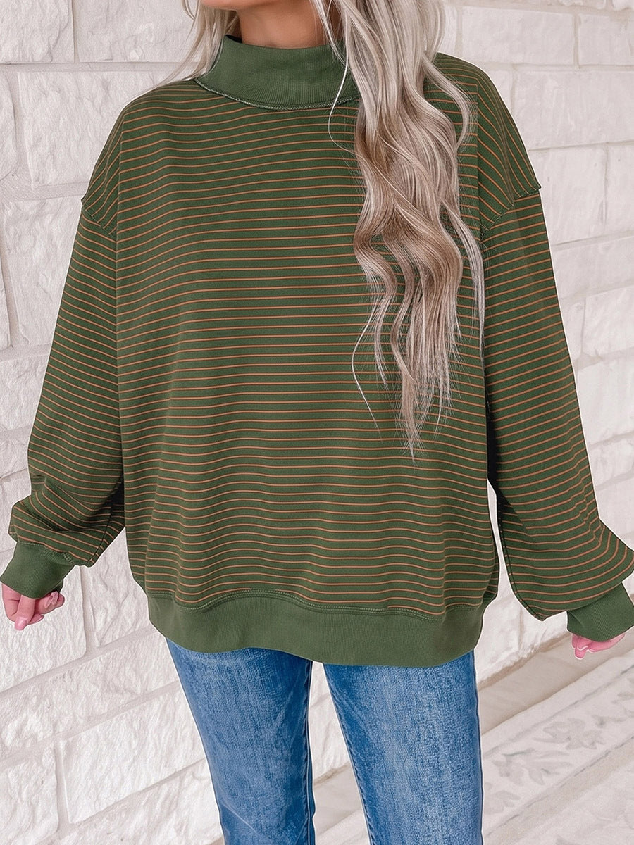 Women’s Oversized Striped Mock Neck Sweatshirt – Cotton Blend Long Sleeve Pullover, Pink, Green or Taupe