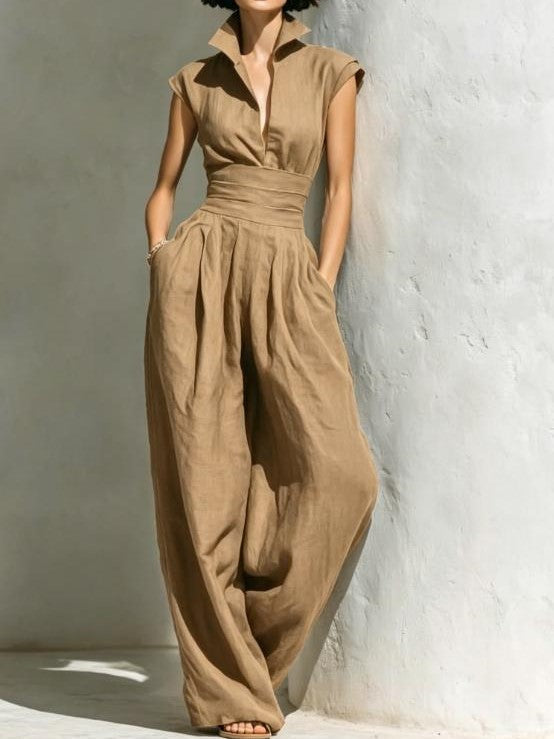 Collared Wide Leg Jumpsuit with Folded Waist and Cap Sleeves