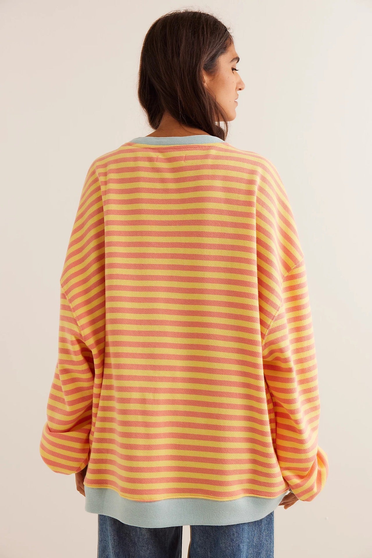Women's Oversized Striped Crew Neck Cotton-Blend Sweatshirt